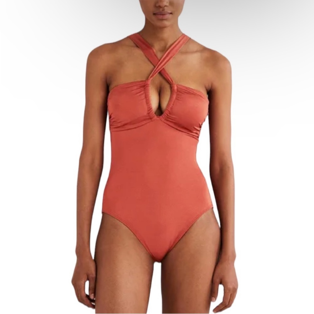 Boden Gathered Bandeau Swimsuit in Chili Oil